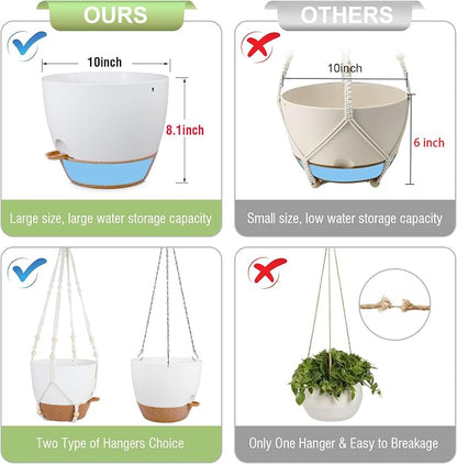 Meowell 10 inch Self Watering Hanging Planters, 2 Pack Hanging Baskets for Indoor Outdoor Plants, Hanging Flower Pots with Drainage Holes & 2 Kinds of Plant Hangers for Garden Home Décor, White Brown
