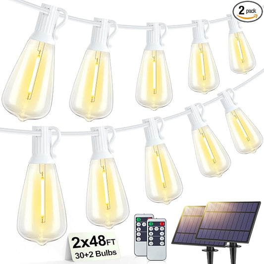 Larkvue 96FT(2x48FT) Solar Outdoor String Lights with Remote & Timer, Waterproof Dimmable Patio Lights with 30+2 ST38 LED Bulbs for Garden Deck-White