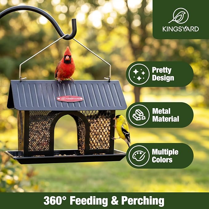 Kingsyard Wild Bird Feeder for Outdoors Hanging, All Metal | Dual-Use Mesh with 360° Feeding, Weatherproof Roof, 3 lb Seed Capacity, Garden Decor & Birding Gift, Black
