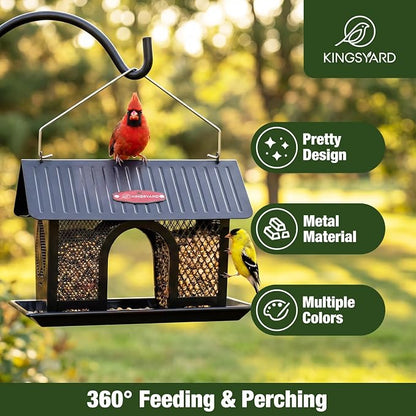 Kingsyard Wild Bird Feeder for Outdoors Hanging, All Metal | Dual-Use Mesh with 360° Feeding, Weatherproof Roof, 3 lb Seed Capacity, Garden Decor & Birding Gift, Black