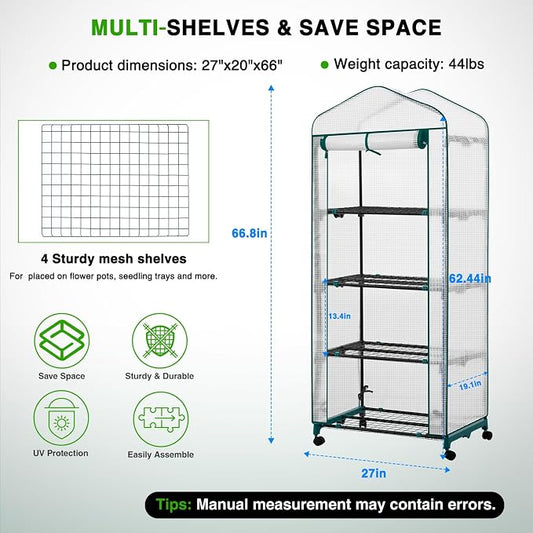 Yesker Mini Greenhouse 27"x20"x63" Portable Indoor / Outdoor Small Green House with 4 Tier 4 Shelves Wheels Thicken PE Cover Compact Greenhouses Kit for Winter Gardening Balcony Patio Backyard, White