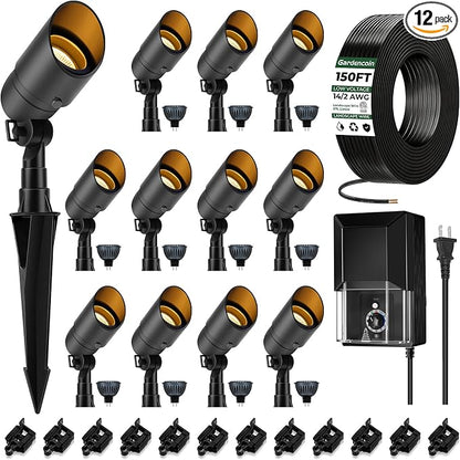 Gardencoin All-in-One LED Low Voltage Landscape Lighting Kit, 5W Spotlights with 200W Transformer 150ft Wire and 12 Fastlock Connectors, 2700K Waterproof Aluminum Fixture for House Tree Yard Garden