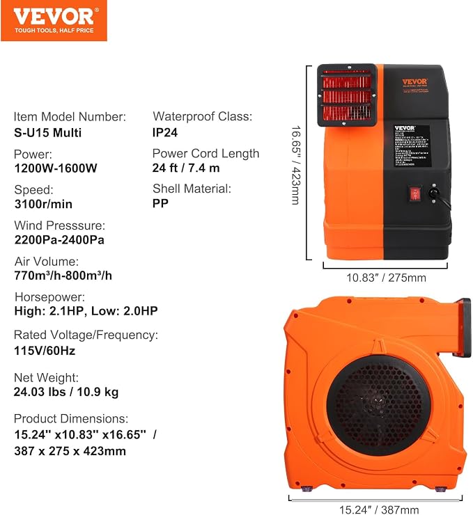 VEVOR Inflatable Blower, Electric Air Blower, Bounce House Blowing Pump, Commercial Corded Fan Pump for Castle Wate Slides Water Slide Bouncy Castle
