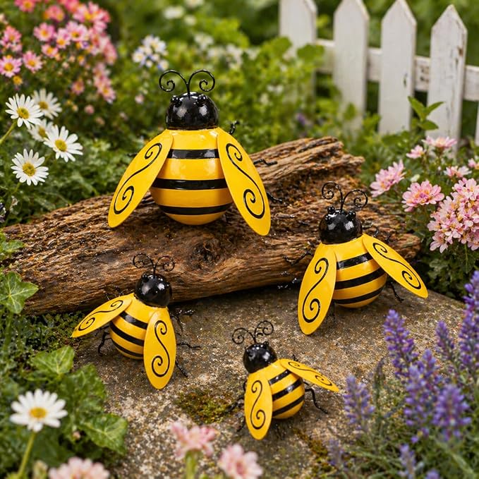 MACLARONX 4 PCS Metal Bumble Bee Garden Decor Outdoor Honey Bee Fence Yard Art Outside Patio Home Wall Decoration