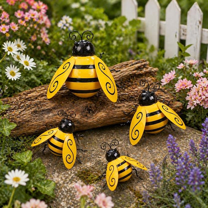MACLARONX 4 PCS Metal Bumble Bee Garden Decor Outdoor Honey Bee Fence Yard Art Outside Patio Home Wall Decoration