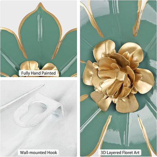 Metal Flowers Wall Decor Set of 3, Green & Gold 3D Floral Metal Wall Art Decor for Inoor & Outdoor Use, Vintage & Modern Walls Arts for Bathroom, Living Room, Bedroom, Garden, Patio, Porch, Office,10"