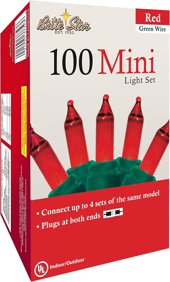 Brite Star 100 Count Mini String Christmas Lights, Red - 22 feet Indoor/Outdoor Christmas Tree Lights with Green Wire (Pack of 4)
