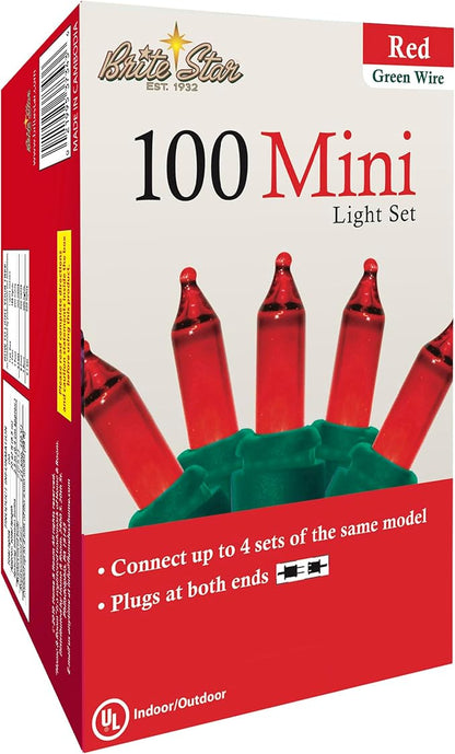 Brite Star 100 Count Mini String Christmas Lights, Red - 22 feet Indoor/Outdoor Christmas Tree Lights with Green Wire (Pack of 4)