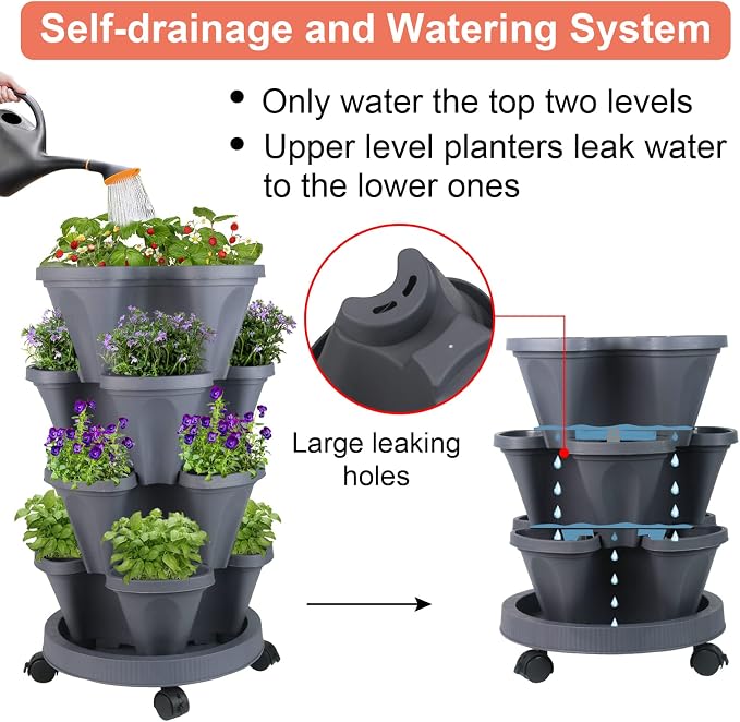 GameXcel Vertical Planter Tower - 4 Tier Stackable Garden Planters with Wheels and Tools Plant Pots for Strawberry Herb Flower and Vegetable Indoor Outdoor Use Dark Gray
