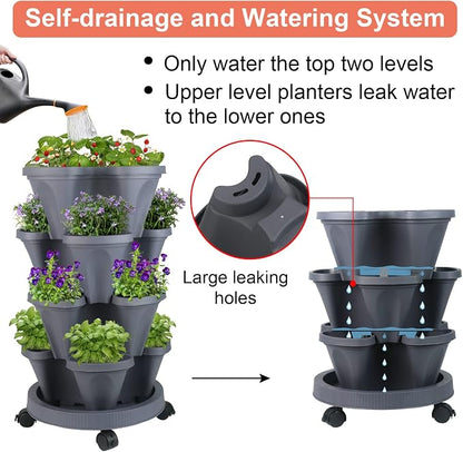 GameXcel Vertical Planter Tower - 4 Tier Stackable Garden Planters with Wheels and Tools Plant Pots for Strawberry Herb Flower and Vegetable Indoor Outdoor Use Dark Gray