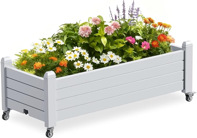 PatioZen Raised Garden Bed with Wheels, 21 Gallon Self-Watering Outdoor Raised Planter Box with Drainage Plug & Gauge for Vegetables Flowers Herbs, Rustproof Resin for Backyard Patio Porch (Ashen)
