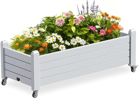 PatioZen Raised Garden Bed with Wheels, 21 Gallon Self-Watering Outdoor Raised Planter Box with Drainage Plug & Gauge for Vegetables Flowers Herbs, Rustproof Resin for Backyard Patio Porch (Ashen)