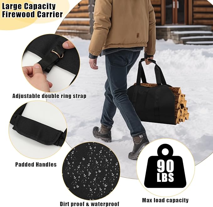 Firewood Rack Indoor with Log Carrier 34Inch Fireplace Wood Holder, Black Outdoor Firewood Storage Organizer Stable Metal Wood Rack Heavy Duty Log Holder for Fireplace Patio Deck, Wooden Carrier Tool