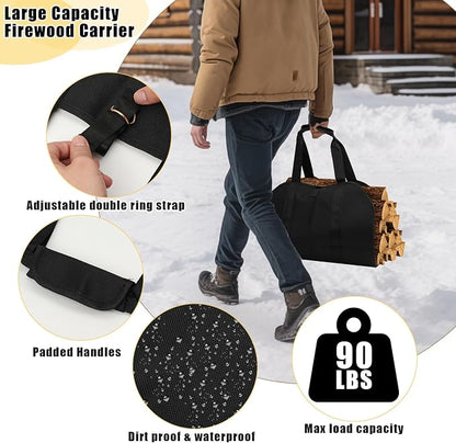 Firewood Rack Indoor with Log Carrier 34Inch Fireplace Wood Holder, Black Outdoor Firewood Storage Organizer Stable Metal Wood Rack Heavy Duty Log Holder for Fireplace Patio Deck, Wooden Carrier Tool