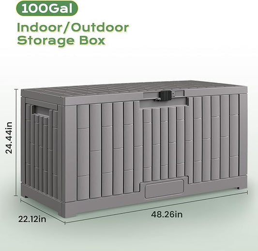 Jocoevol Deck Box 100 Gal, UV Resistant & Waterproof Outdoor Storage Box with Lock, Easy Assemble Storage Bins Container for Pool Patio Garden