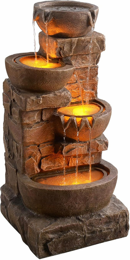 Teamson Home 33.27" Cascading Bowls & Stacked Stones LED Water Fountain for Outdoor Living Spaces, Brown | LED Lights, Cascading Bowls & Stacked Stones, Polyresin, For Patio, Garden, Balcony, Lawn, Yard