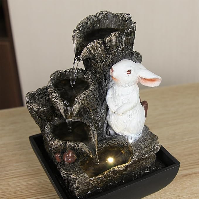 Cascading Rock Tabletop Fountain, Cute Indoor Waterfall Fountain with Colored LED Lights and Rolling Ball, 3 Tiered Desktop Fountain for Office Home Bedroom (Rabbit)