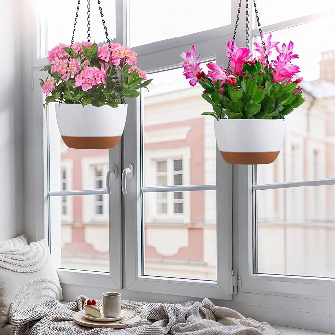 Set of 2 Hanging Planters for Indoor Outdoor Plants, 10 Inch Self-Watering Hanging Flower Pots with Drainage Hole & Removable Water-Storage Tray (Hooks)