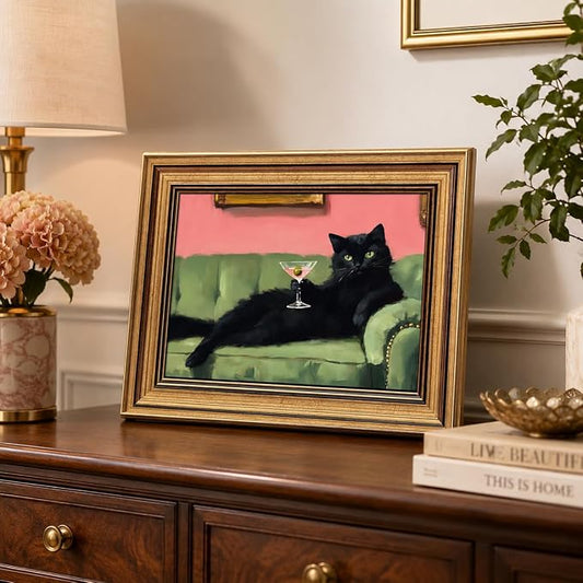 Devunaty Vintage Gold Framed Black Cat Martini Wall Art, Cocktail Bar Cart Wall Decor, Funny Cat On Green Sofa Canvas Print, Eclectic Whimsical Painting Picture For Bedroom Living Room Decor 16"x24"