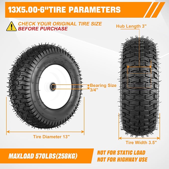 Yesker 13x5.00-6 Pneumatic Lawn Mower Tire and Wheel with 3/4" Bearing Bore, 13x5-6nhs Rubber Riding Lawnmower Tires with 3" Center Hub, 2 Pack