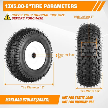 Yesker 13x5.00-6 Pneumatic Lawn Mower Tire and Wheel with 3/4" Bearing Bore, 13x5-6nhs Rubber Riding Lawnmower Tires with 3" Center Hub, 2 Pack