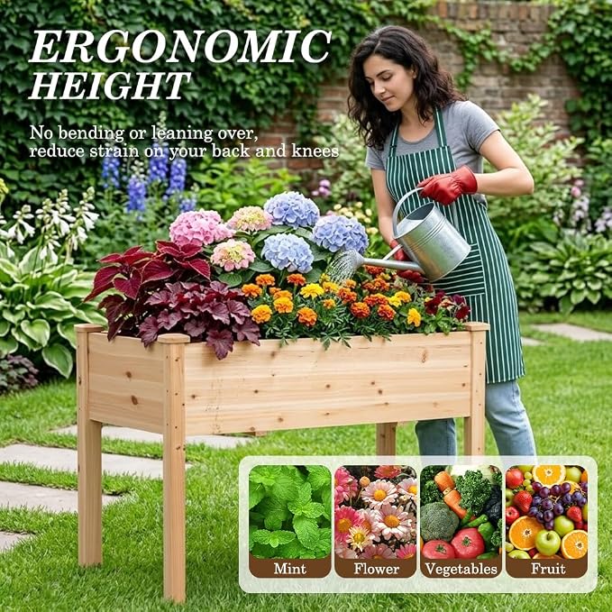 Raised Garden Bed with Legs, 48x24x30 inch Wood Elevated Planter with Protective Liner for Vegetable Flower Herb, Outdoor Planter Box Kit for Balcony Patio Backyard, Natural