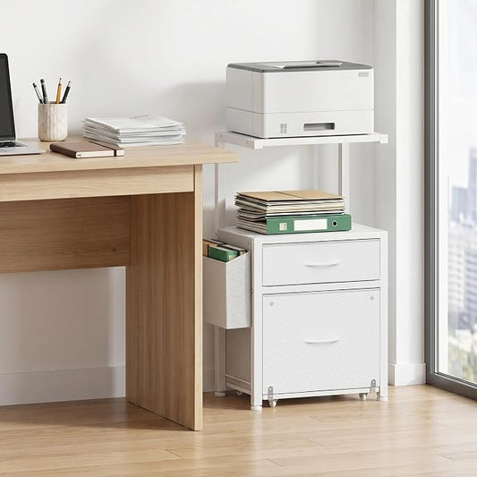 HIGDBFE 2-Drawer File Cabinet with Printer Stand & Dual Shelves, White | 2-Tier Printer Storage, Letter File Drawer, Reversible Side Bag, Smooth Drawer Slides, Rolling Support Board