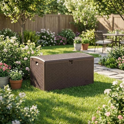 Garvee 73 Gallon Waterproof Large Resin Deck Box Indoor Outdoor, Lockable Storage Container for Patio Furniture Tools, Waterproof Deck Box Patio Storage Bin for Pool Garden, Brown