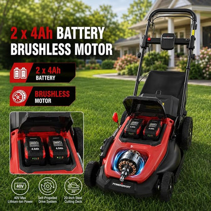 20" Self Propelled Cordless Lawn Mower,40V 2x4.0 Ah Battery Lawn Mower with Dual Battery Slots & Steel Deck, 3-in-1 Walk-Behind Mower (Bagging/Mulching), Space Saving Foldable