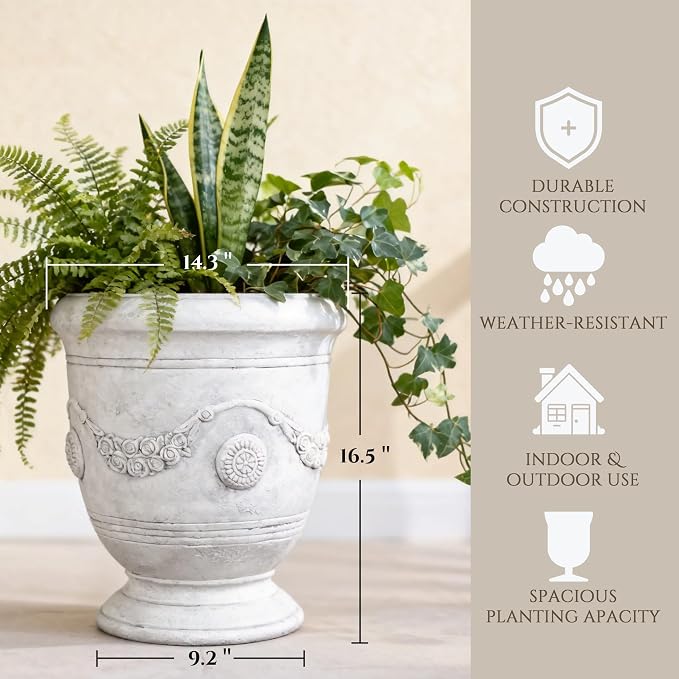 Planters for Indoor & Outdoor Plants, 16.5 Inch Large Magnesium Oxide Urn Planter with Drainage Hole, Decorative Unique Garden Plant Pots for Front Porch & Home Decor, Lightweight, White