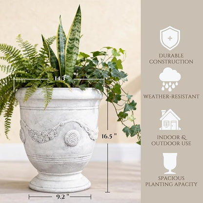 Planters for Indoor & Outdoor Plants, 16.5 Inch Large Magnesium Oxide Urn Planter with Drainage Hole, Decorative Unique Garden Plant Pots for Front Porch & Home Decor, Lightweight, White
