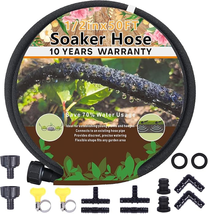 1/2’’ Soaker Hose 50 ft for Garden Beds, Heavy Duty Soaker Hoses with Kits for Water Saving, Rubber Garden Watering Hose 50 Foot Drip Irrigation Hose System (50 ft)