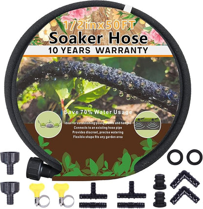 1/2’’ Soaker Hose 50 ft for Garden Beds, Heavy Duty Soaker Hoses with Kits for Water Saving, Rubber Garden Watering Hose 50 Foot Drip Irrigation Hose System (50 ft)