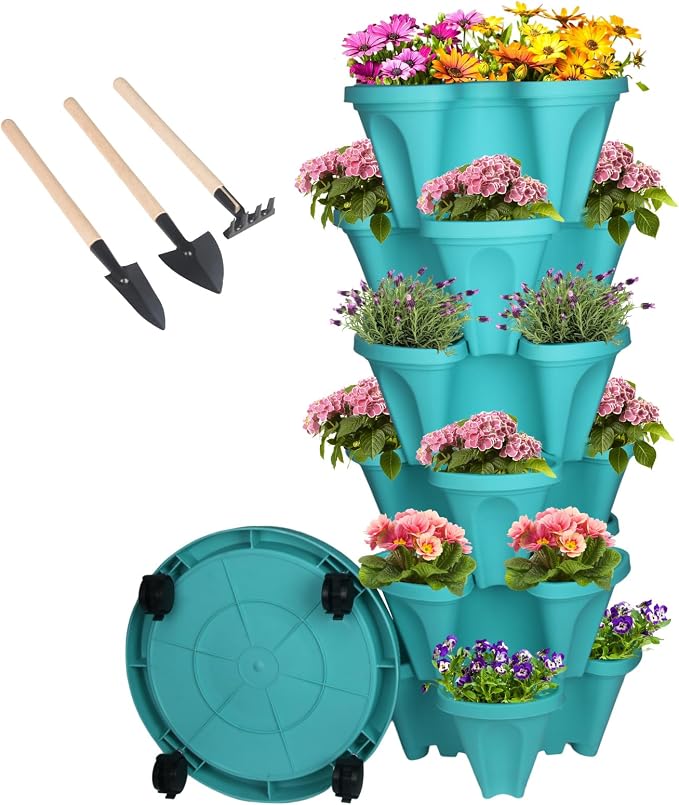 GameXcel Vertical Planter Tower - 6 Tier Stackable Garden Planters with Wheels and Tools Plant Pots for Strawberry Herb Flower and Vegetable Indoor Outdoor Use Teal