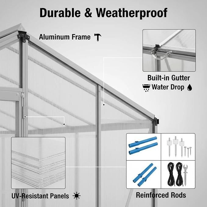 8x12 FT Greenhouse, Walk-in Outdoor Heavy Duty Polycarbonate Greenhouse with Raised Base & Anchor, Aluminum Frame, High Headroom & Drainage System for Backyard All Season Growing, Black