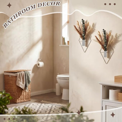 Jexine 8 Pcs Hanging Planters with Artificial Pampas Metal Hanging Vase Indoor Plants Holder Modern Geometric Boho Bathroom Wall Decor for Living Room Home Office(Chrome Silver)