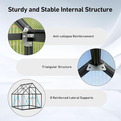6x6FT Walk-in Greenhouse with Hygrometer, Polycarbonate Greenhouse, Greenhouse Kit with Vented Roof Window, Windproof Aluminum Frame with Quick-Installation Structure, Suitable for Gardening