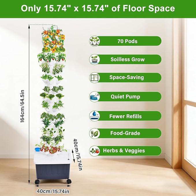 Hydroponic Tower, 14-Layer Hydroponics Growing System Kit with 70 Slots, Vertical Garden System with 20L Water Tank and Pump for Indoor Outdoor Home, Balcony & Patio