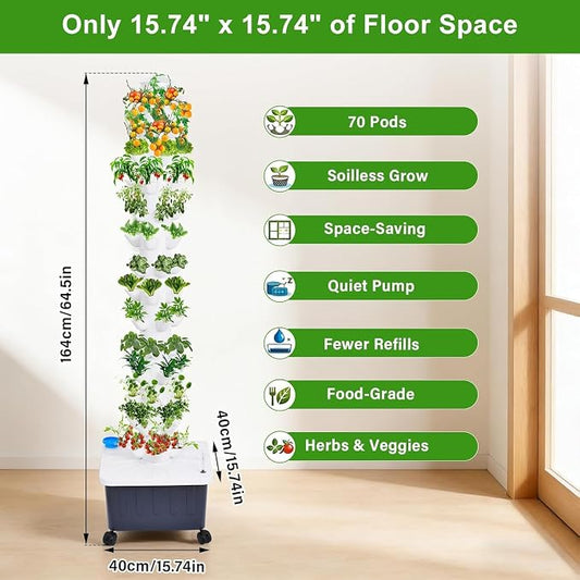 Hydroponic Tower, 14-Layer Hydroponics Growing System Kit with 70 Slots, Vertical Garden System with 20L Water Tank and Pump for Indoor Outdoor Home, Balcony & Patio
