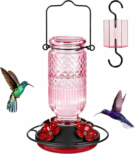 FEED GARDEN Glass Hummingbird Feeder for Outdoors Hanging, 16 oz Leak-Proof Nectar Feeder with Bee Guards & Ant Moat, 4 Metal Flower Feeding Ports, 360° Perch Ring, Easy Refill & Clean, Pink