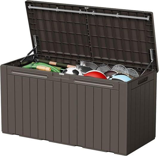 110 Gallon Deck Box Outdoor Indoor Waterproof Storage Box for Patio Furniture, Pool Accessories, Garden Tools, and Cushion Storage, Brown