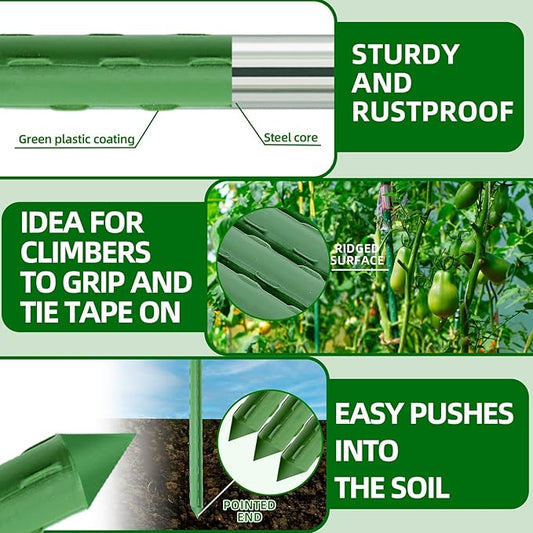 Fabulas Garden Stakes 16 Inch 30 Pack, Diy 4ft 5ft 6ft 7ft 8ft Tomato Stakes Plastic Coated Metal Plant Sticks Stakes Supports with 20 Connectors 15 Rotatable Clips for Indoor Outdoor Plants Vegetable
