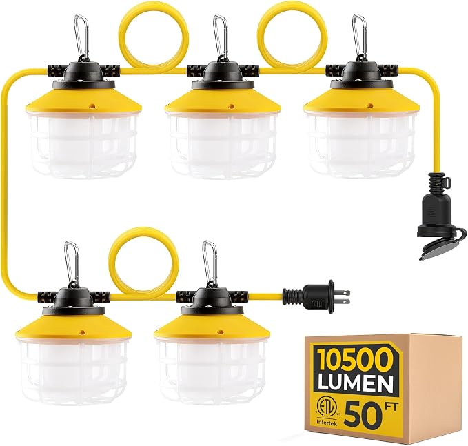50FT Construction String Lights: 75W Ultra-bright 10500 lumens Linkable ETL Listed 18AWG Wire Industrial Outdoor Temporary Lighting IP65 Waterproof Hanging Led Work Light for Attic Jobsite Garage | Linkable Up to 12 sets, 140 LM/W, 18/2 SJTW Cord, IP65...
