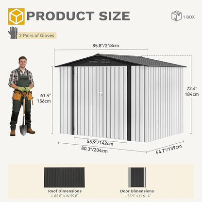 DWVO 7x5FT Outdoor Storage Shelter, Roomy Steel Tool Shed with Secure Entrances & Air Circulation for Patio, Lawn, and Backyard, Ideal for Storing Garden Gear, Lawn Tools, and Bikes, White