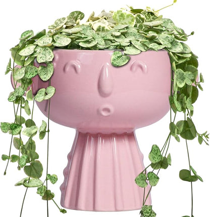 Face Pots for Plants - 7 Inch Ceramic Face Planters Pots Head for Indoor Outdoor, Small Funny Succulent Planters with Drainage Hole, House Room Apartment Decor, Gifts for Women, Bright Pink