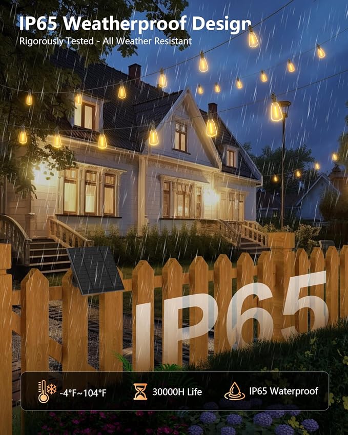 Brightown 37FT Solar String Lights Outdoor Waterproof with Remote & Timer, 10+1 LED Shatterproof Bulbs, USB/Solar Powered Dimmable Patio Lights for Garden Backyard Wedding Decor