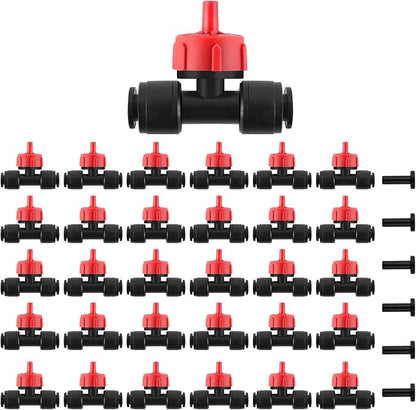 Kalolary 30Pcs Push-to-Fit Drip Irrigation Emitters 1 GPH Pressure Compensating Drippers with Constant Water Flow Drip Irrigation System Parts for 1/4 Inch Irrigation Tubing with 6PCS End Plugs (Red)