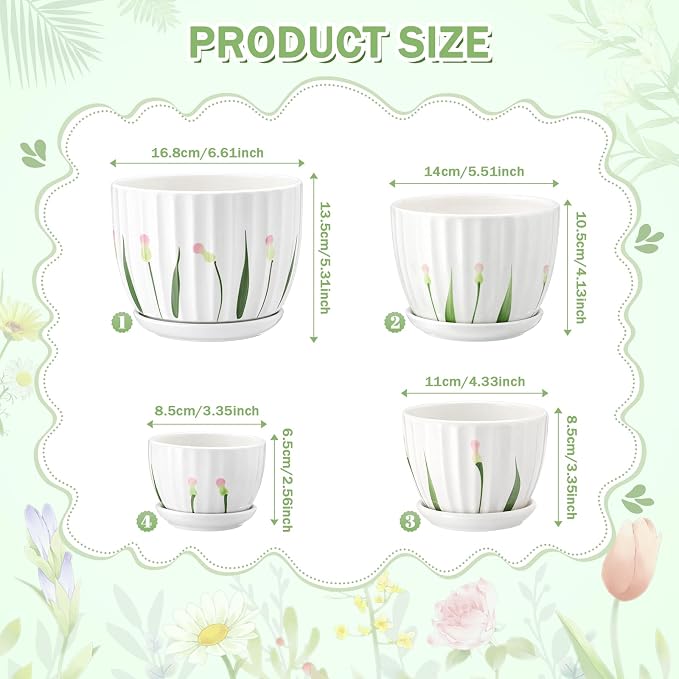 4 Pack Ceramic Orchid Pots with Drainage Holes and Tray 3.35+4.33+5.51+6.61 Inch Ceramic Plant Pot White Garden Planter for Indoor Outdoor Home Decor Gifts for Plant Lovers