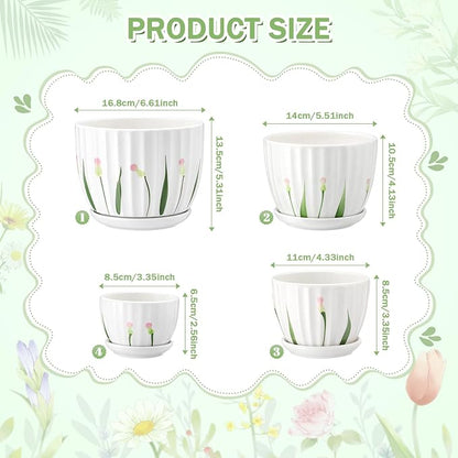 4 Pack Ceramic Orchid Pots with Drainage Holes and Tray 3.35+4.33+5.51+6.61 Inch Ceramic Plant Pot White Garden Planter for Indoor Outdoor Home Decor Gifts for Plant Lovers