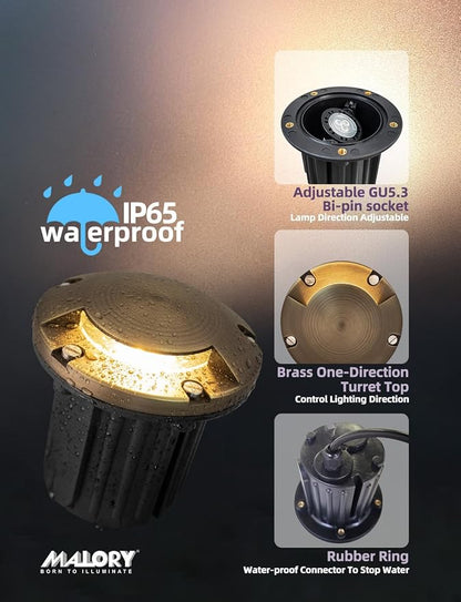 MALORY Brass Top Cover Landscape Well Lights,(5‘’H) 12V Low Voltage Outdoor In Ground Lights,Landscape Lighting for Pathway, Driveway and Garden (One-Direction Turret, 4-Pack with Bulb)